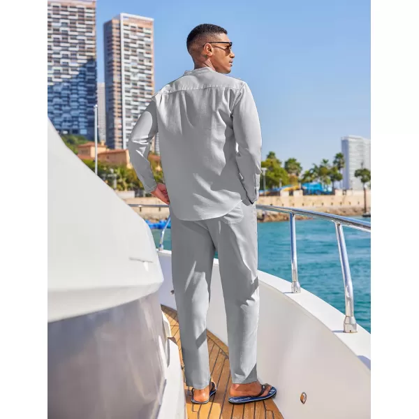 COOFANDY Men's 2 Piece Cotton Linen Sets Casual Long Sleeve Henley Shirts Yoga Pants Set Beach Cuban Outfits