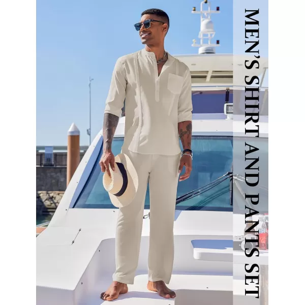 COOFANDY Men's 2 Piece Cotton Linen Sets Casual Long Sleeve Henley Shirts Yoga Pants Set Beach Cuban Outfits