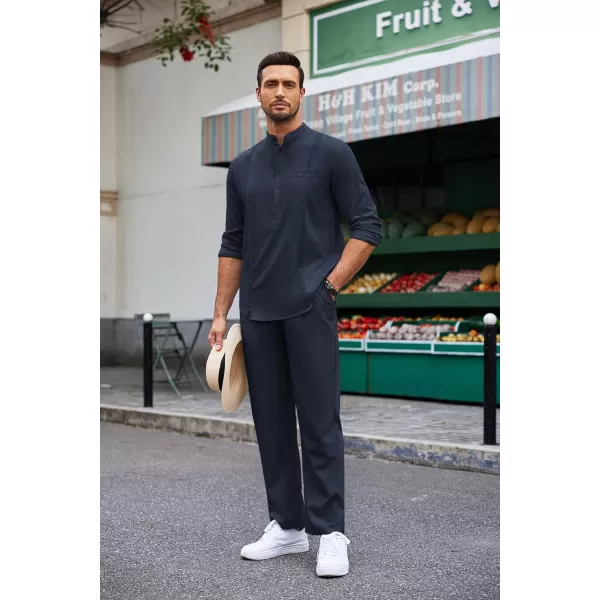 COOFANDY Men's 2 Piece Cotton Linen Sets Casual Long Sleeve Henley Shirts Yoga Pants Set Beach Cuban Outfits