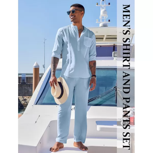 COOFANDY Men's 2 Piece Cotton Linen Sets Casual Long Sleeve Henley Shirts Yoga Pants Set Beach Cuban Outfits