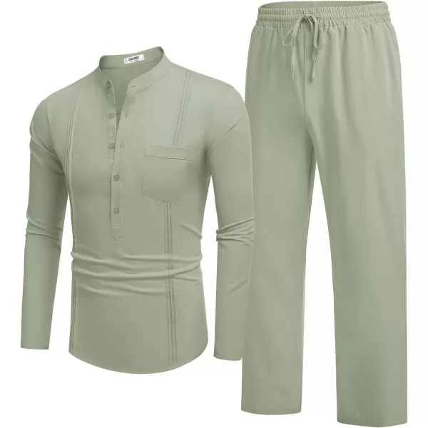 COOFANDY Men's 2 Piece Cotton Linen Sets Casual Long Sleeve Henley Shirts Yoga Pants Set Beach Cuban Outfits