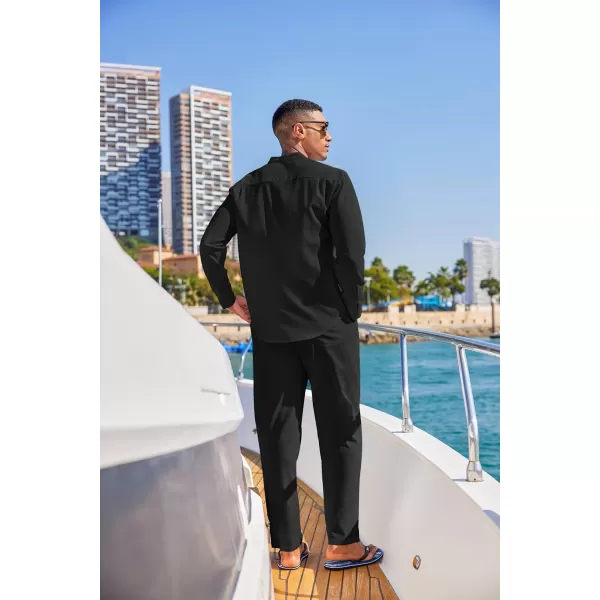 COOFANDY Men's 2 Piece Cotton Linen Sets Casual Long Sleeve Henley Shirts Yoga Pants Set Beach Cuban Outfits