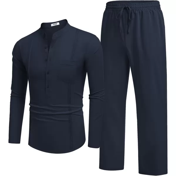 COOFANDY Men's 2 Piece Cotton Linen Sets Casual Long Sleeve Henley Shirts Yoga Pants Set Beach Cuban Outfits