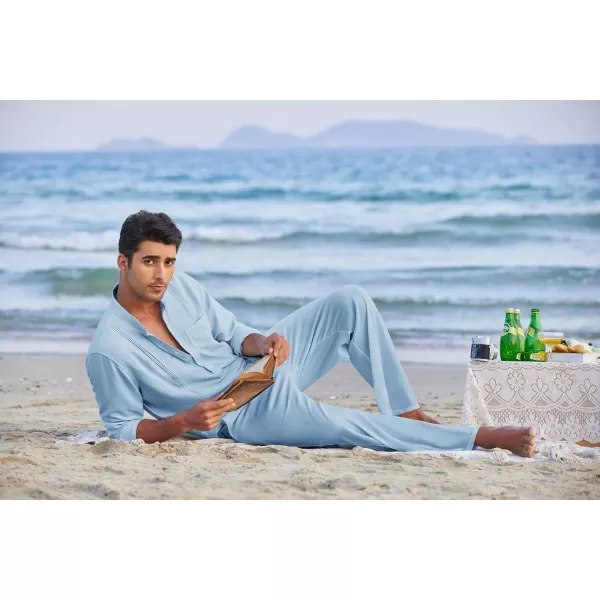 COOFANDY Men's 2 Piece Cotton Linen Sets Casual Long Sleeve Henley Shirts Yoga Pants Set Beach Cuban Outfits