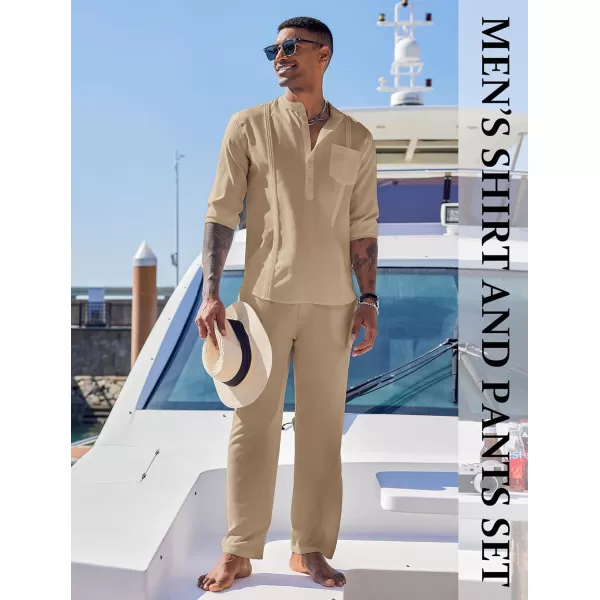 COOFANDY Men's 2 Piece Cotton Linen Sets Casual Long Sleeve Henley Shirts Yoga Pants Set Beach Cuban Outfits