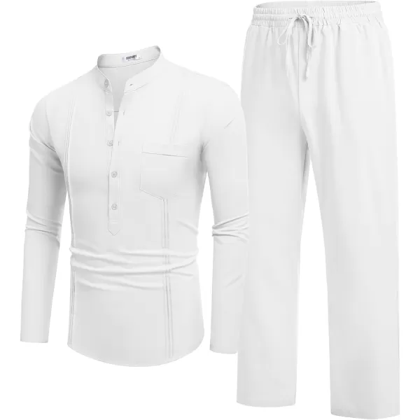 COOFANDY Men's 2 Piece Cotton Linen Sets Casual Long Sleeve Henley Shirts Yoga Pants Set Beach Cuban Outfits