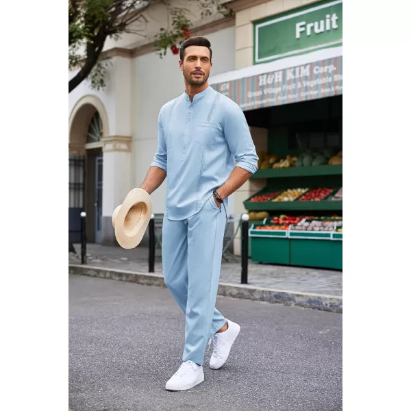 COOFANDY Men's 2 Piece Cotton Linen Sets Casual Long Sleeve Henley Shirts Yoga Pants Set Beach Cuban Outfits