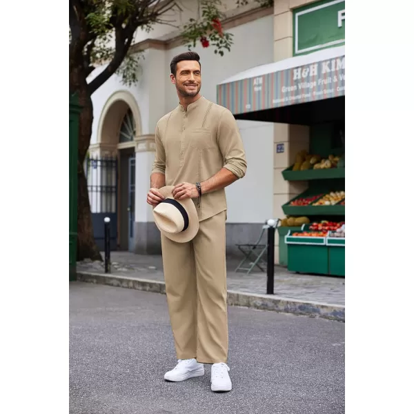 COOFANDY Men's 2 Piece Cotton Linen Sets Casual Long Sleeve Henley Shirts Yoga Pants Set Beach Cuban Outfits
