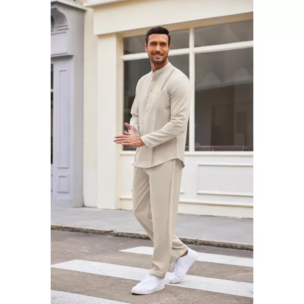 COOFANDY Men's 2 Piece Cotton Linen Sets Casual Long Sleeve Henley Shirts Yoga Pants Set Beach Cuban Outfits