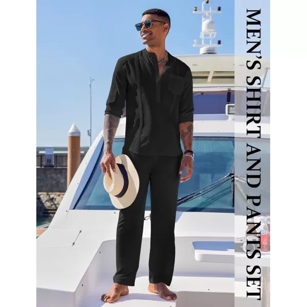 COOFANDY Men's 2 Piece Cotton Linen Sets Casual Long Sleeve Henley Shirts Yoga Pants Set Beach Cuban Outfits