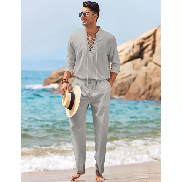 COOFANDY Men's 2 Piece Linen Set Long Sleeve Henley Shirts Casual Beach Pants With Pockets Summer Yoga Outfits