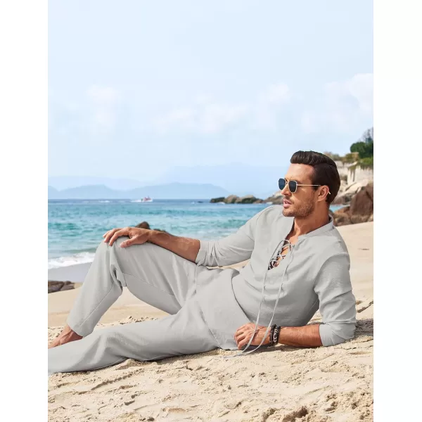 COOFANDY Men's 2 Piece Linen Set Long Sleeve Henley Shirts Casual Beach Pants With Pockets Summer Yoga Outfits