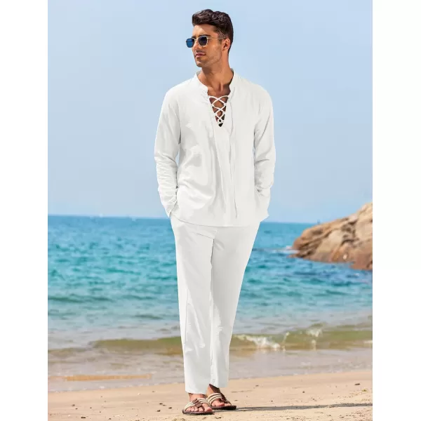 COOFANDY Men's 2 Piece Linen Set Long Sleeve Henley Shirts Casual Beach Pants With Pockets Summer Yoga Outfits