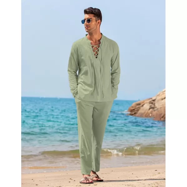 COOFANDY Men's 2 Piece Linen Set Long Sleeve Henley Shirts Casual Beach Pants With Pockets Summer Yoga Outfits