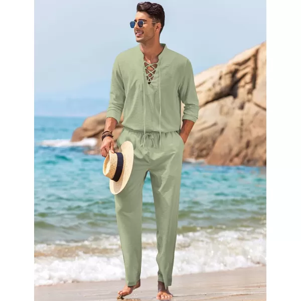 COOFANDY Men's 2 Piece Linen Set Long Sleeve Henley Shirts Casual Beach Pants With Pockets Summer Yoga Outfits