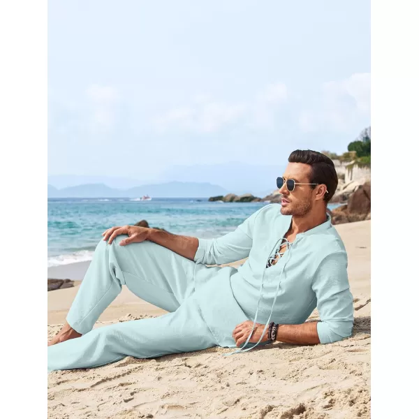 COOFANDY Men's 2 Piece Linen Set Long Sleeve Henley Shirts Casual Beach Pants With Pockets Summer Yoga Outfits