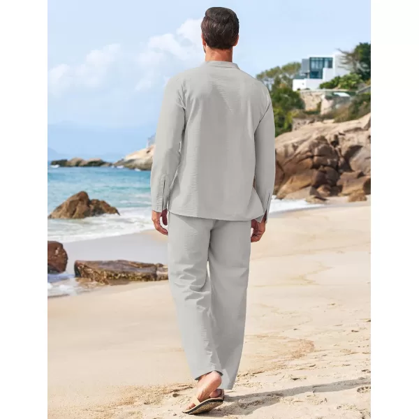 COOFANDY Men's 2 Piece Linen Set Long Sleeve Henley Shirts Casual Beach Pants With Pockets Summer Yoga Outfits