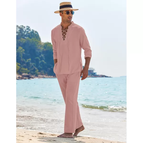 COOFANDY Men's 2 Piece Linen Set Long Sleeve Henley Shirts Casual Beach Pants With Pockets Summer Yoga Outfits