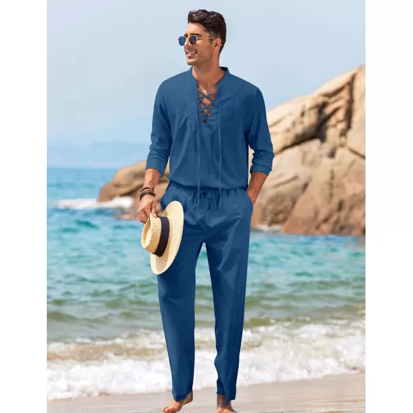 COOFANDY Men's 2 Piece Linen Set Long Sleeve Henley Shirts Casual Beach Pants With Pockets Summer Yoga Outfits
