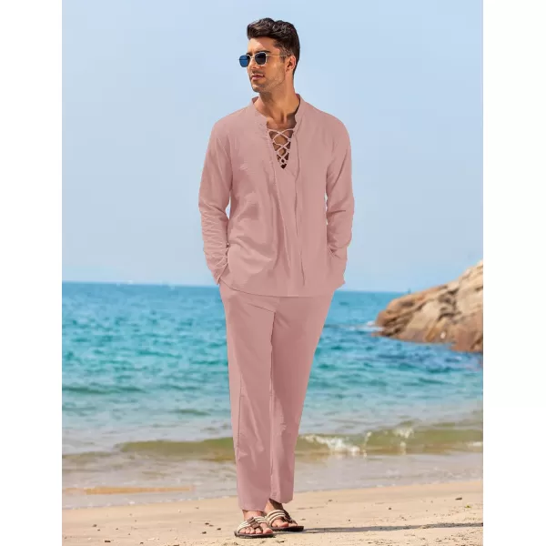 COOFANDY Men's 2 Piece Linen Set Long Sleeve Henley Shirts Casual Beach Pants With Pockets Summer Yoga Outfits