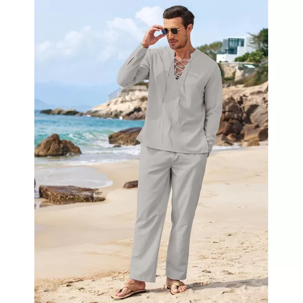 COOFANDY Men's 2 Piece Linen Set Long Sleeve Henley Shirts Casual Beach Pants With Pockets Summer Yoga Outfits