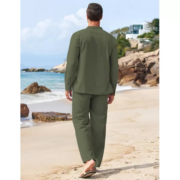 COOFANDY Men's 2 Piece Linen Set Long Sleeve Henley Shirts Casual Beach Pants With Pockets Summer Yoga Outfits