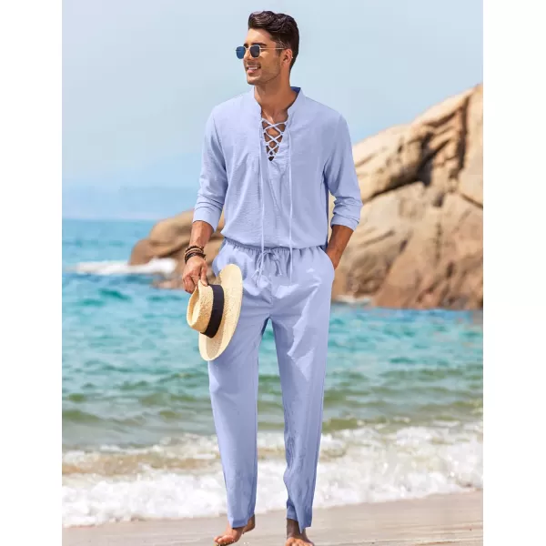 COOFANDY Men's 2 Piece Linen Set Long Sleeve Henley Shirts Casual Beach Pants With Pockets Summer Yoga Outfits