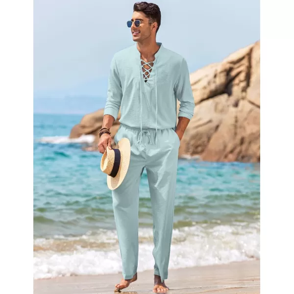 COOFANDY Men's 2 Piece Linen Set Long Sleeve Henley Shirts Casual Beach Pants With Pockets Summer Yoga Outfits