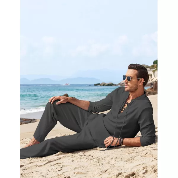 COOFANDY Men's 2 Piece Linen Set Long Sleeve Henley Shirts Casual Beach Pants With Pockets Summer Yoga Outfits