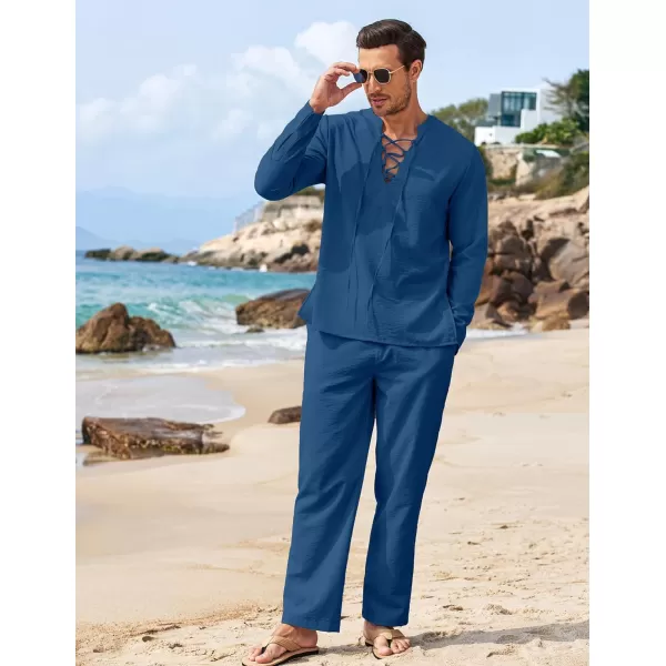 COOFANDY Men's 2 Piece Linen Set Long Sleeve Henley Shirts Casual Beach Pants With Pockets Summer Yoga Outfits