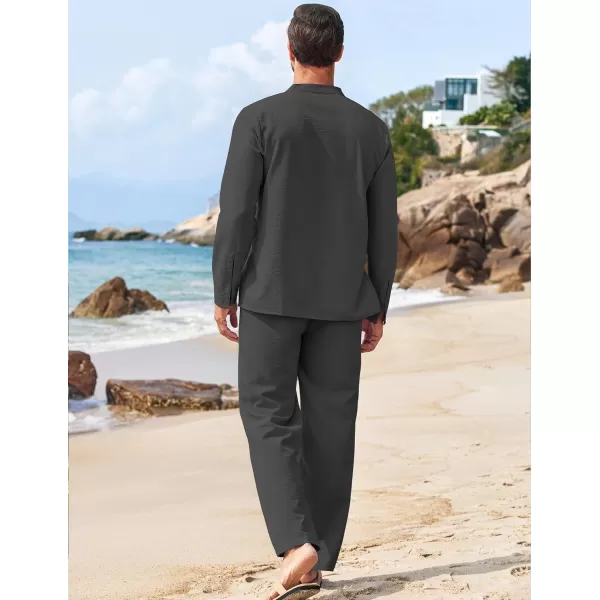 COOFANDY Men's 2 Piece Linen Set Long Sleeve Henley Shirts Casual Beach Pants With Pockets Summer Yoga Outfits