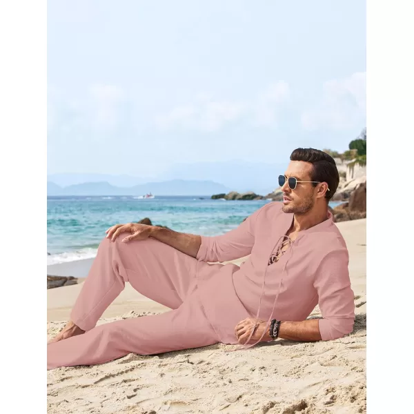 COOFANDY Men's 2 Piece Linen Set Long Sleeve Henley Shirts Casual Beach Pants With Pockets Summer Yoga Outfits