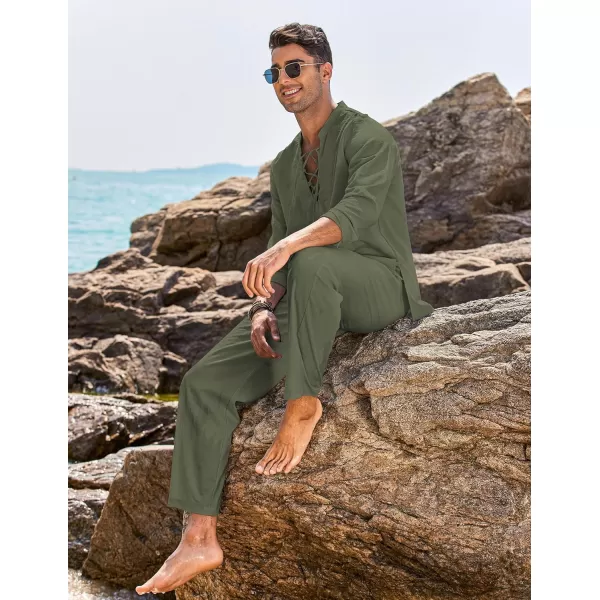 COOFANDY Men's 2 Piece Linen Set Long Sleeve Henley Shirts Casual Beach Pants With Pockets Summer Yoga Outfits