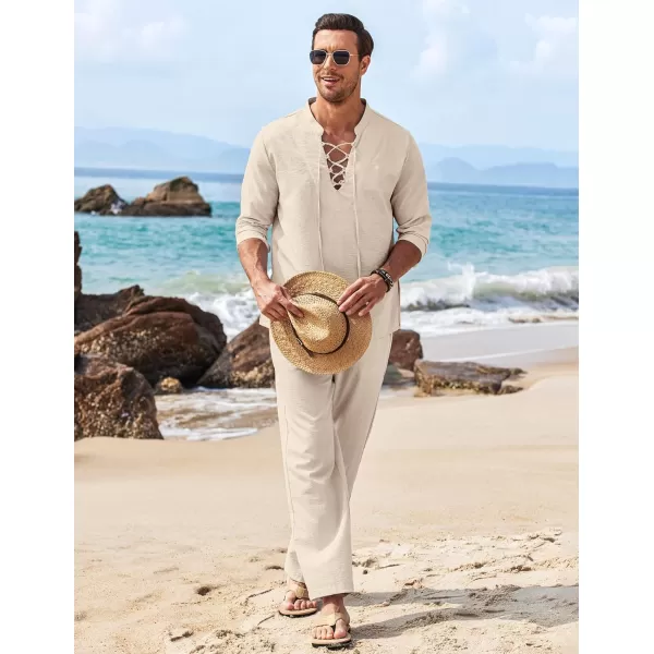 COOFANDY Men's 2 Piece Linen Set Long Sleeve Henley Shirts Casual Beach Pants With Pockets Summer Yoga Outfits