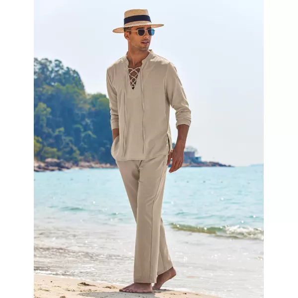 COOFANDY Men's 2 Piece Linen Set Long Sleeve Henley Shirts Casual Beach Pants With Pockets Summer Yoga Outfits