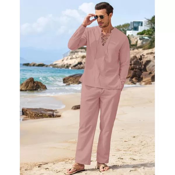 COOFANDY Men's 2 Piece Linen Set Long Sleeve Henley Shirts Casual Beach Pants With Pockets Summer Yoga Outfits