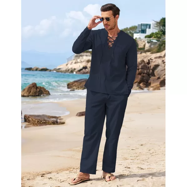 COOFANDY Men's 2 Piece Linen Set Long Sleeve Henley Shirts Casual Beach Pants With Pockets Summer Yoga Outfits