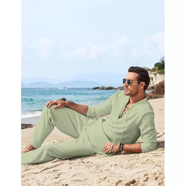 COOFANDY Men's 2 Piece Linen Set Long Sleeve Henley Shirts Casual Beach Pants With Pockets Summer Yoga Outfits