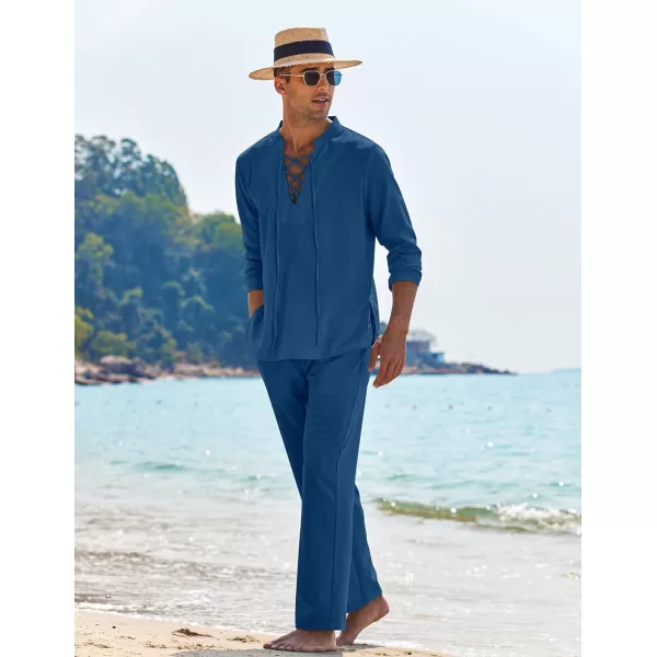COOFANDY Men's 2 Piece Linen Set Long Sleeve Henley Shirts Casual Beach Pants With Pockets Summer Yoga Outfits
