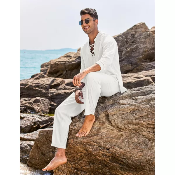COOFANDY Men's 2 Piece Linen Set Long Sleeve Henley Shirts Casual Beach Pants With Pockets Summer Yoga Outfits