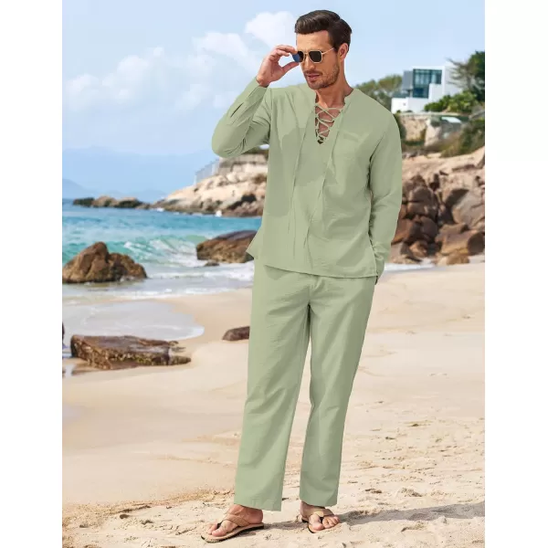 COOFANDY Men's 2 Piece Linen Set Long Sleeve Henley Shirts Casual Beach Pants With Pockets Summer Yoga Outfits