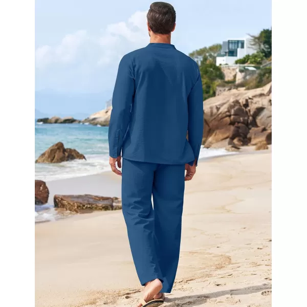 COOFANDY Men's 2 Piece Linen Set Long Sleeve Henley Shirts Casual Beach Pants With Pockets Summer Yoga Outfits