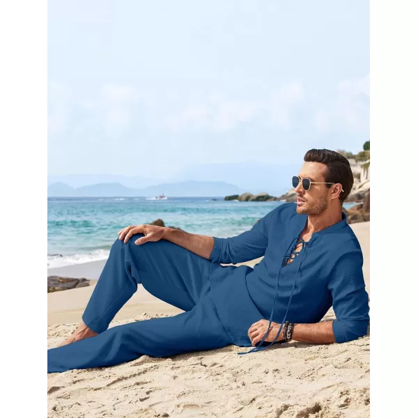 COOFANDY Men's 2 Piece Linen Set Long Sleeve Henley Shirts Casual Beach Pants With Pockets Summer Yoga Outfits