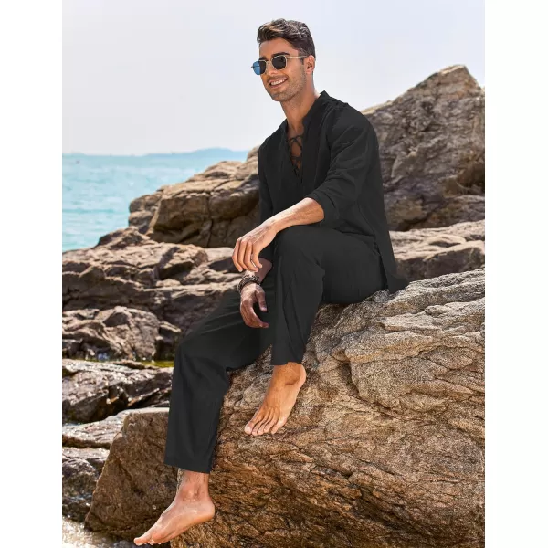 COOFANDY Men's 2 Piece Linen Set Long Sleeve Henley Shirts Casual Beach Pants With Pockets Summer Yoga Outfits