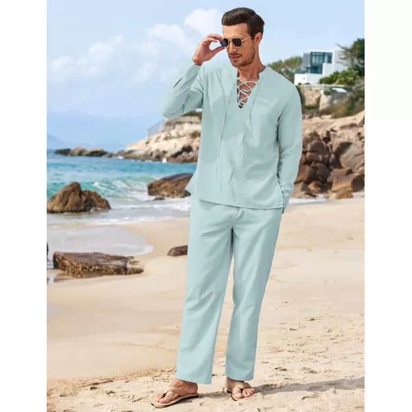 COOFANDY Men's 2 Piece Linen Set Long Sleeve Henley Shirts Casual Beach Pants With Pockets Summer Yoga Outfits