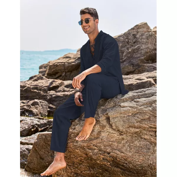COOFANDY Men's 2 Piece Linen Set Long Sleeve Henley Shirts Casual Beach Pants With Pockets Summer Yoga Outfits