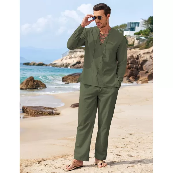 COOFANDY Men's 2 Piece Linen Set Long Sleeve Henley Shirts Casual Beach Pants With Pockets Summer Yoga Outfits