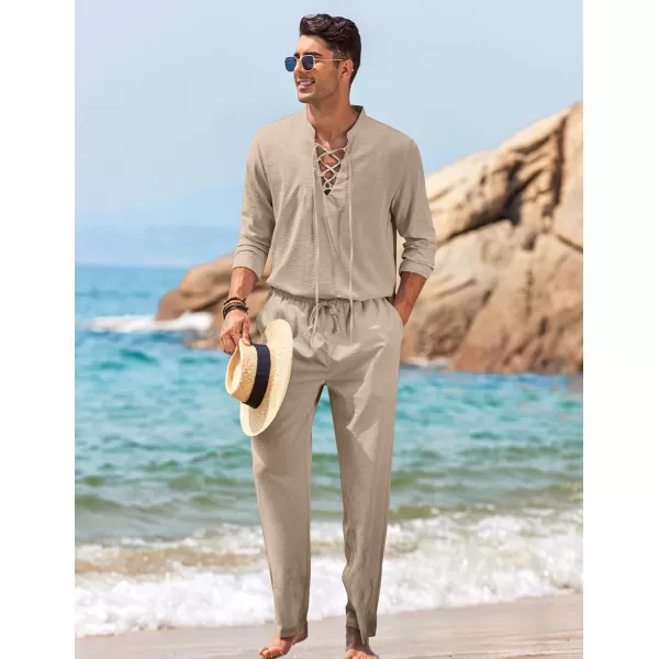 COOFANDY Men's 2 Piece Linen Set Long Sleeve Henley Shirts Casual Beach Pants With Pockets Summer Yoga Outfits