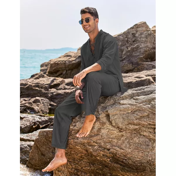 COOFANDY Men's 2 Piece Linen Set Long Sleeve Henley Shirts Casual Beach Pants With Pockets Summer Yoga Outfits