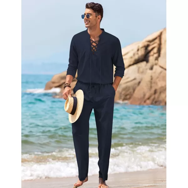 COOFANDY Men's 2 Piece Linen Set Long Sleeve Henley Shirts Casual Beach Pants With Pockets Summer Yoga Outfits